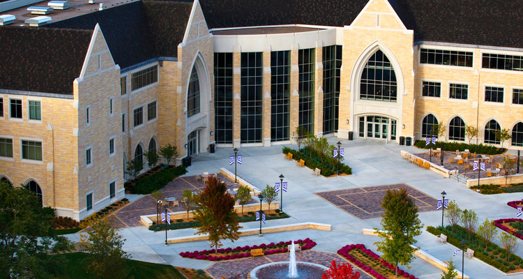An aerial view of the Anderson Student Center, John P. Monahan Plaza, and the fountain.
